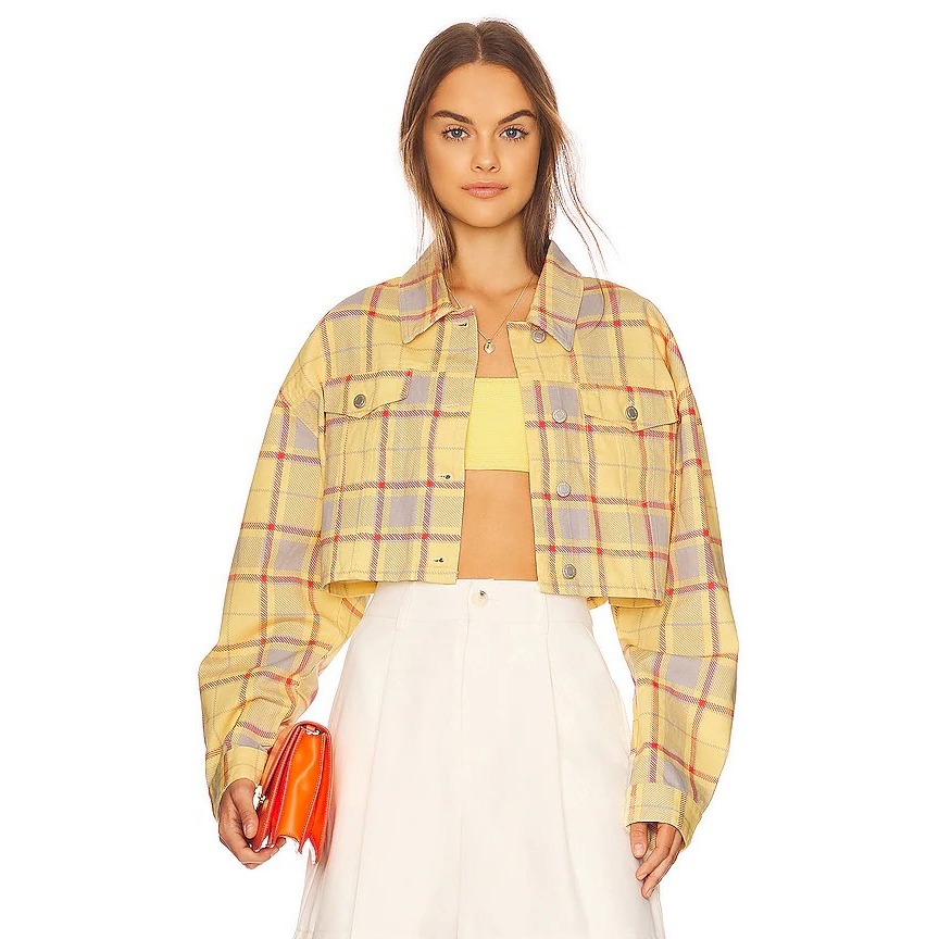 Weworewhat Cropped Plaid Denim Jacket Size Xs/S Streetwear Y2k Light Academia